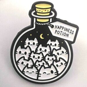 🧷'Happiness Potion' Cartoon Cat Enamel Pin / Brooch in Black and White